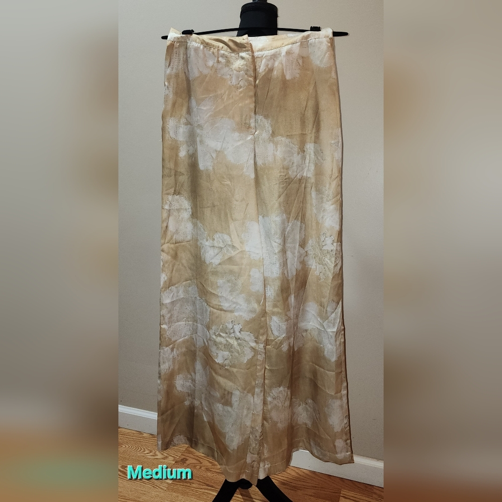 Commense Cream & Beige Floral Satin Wide-Leg Pants